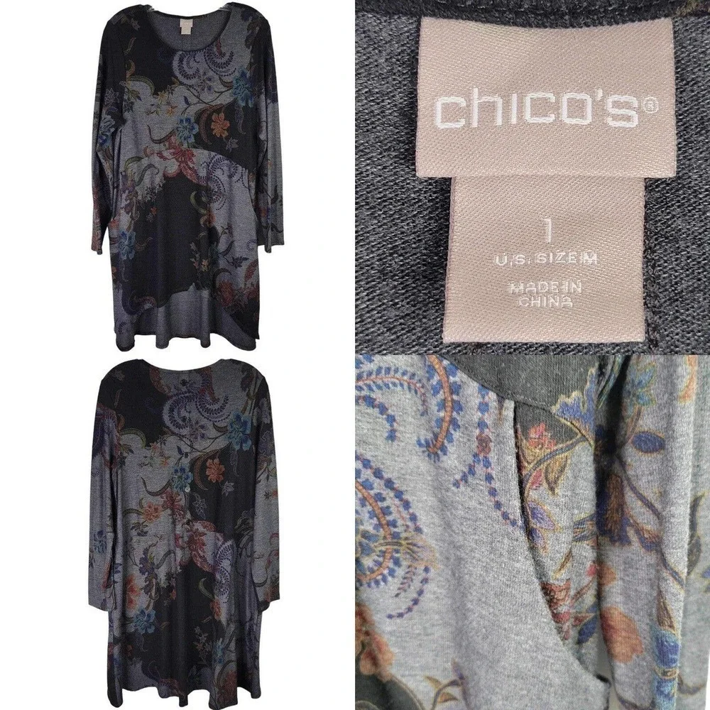 Chicos Tunic Shirt Womens 1 US M Gray Floral LS Longline Pockets Art To Wear